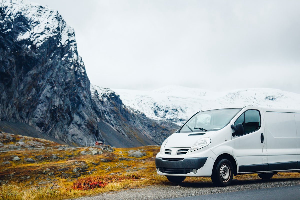 Van stopped on a mountain stretch of the route